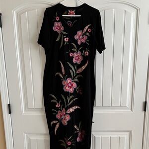 Johnny Was Black Dress with Pink Floral Embroidery